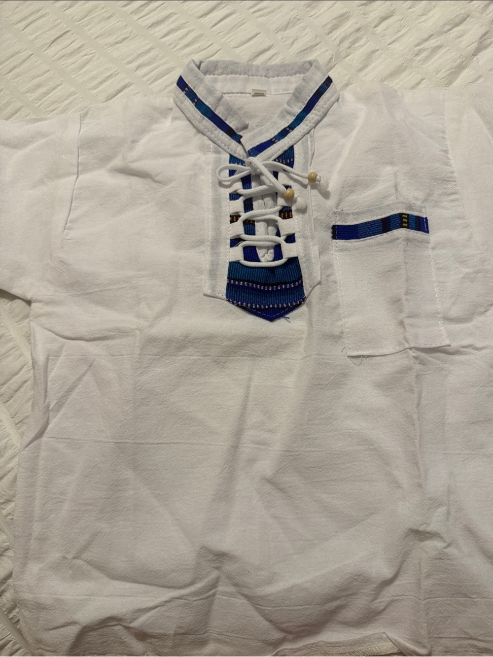 Kids White Lace-Up Shirt with Blue Trim